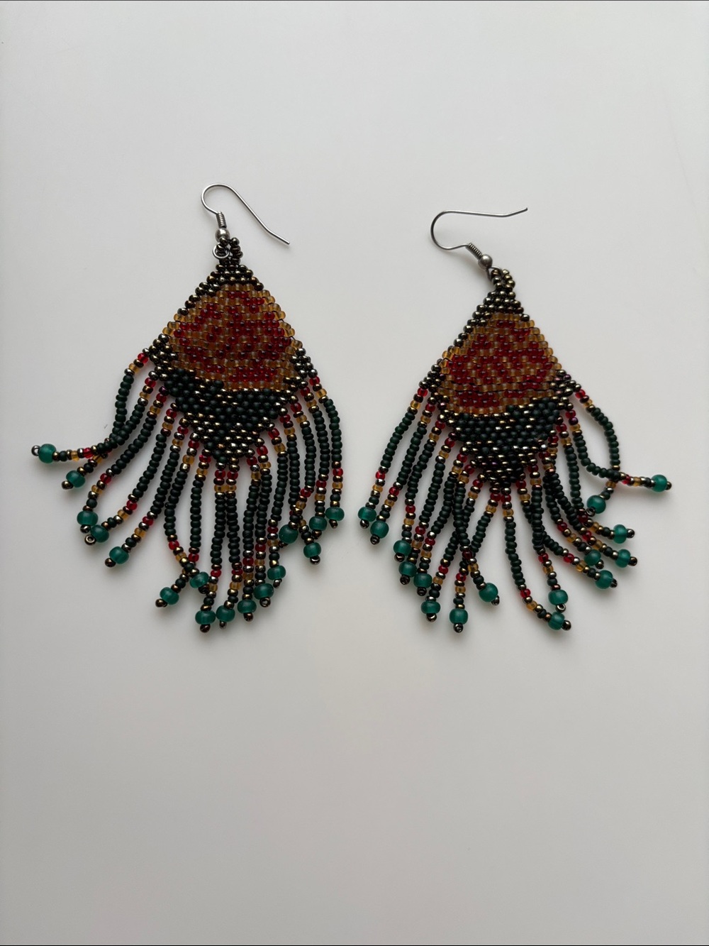 Handcrafted Beaded Fringe Teardrop Earrings in Green and Burgundy